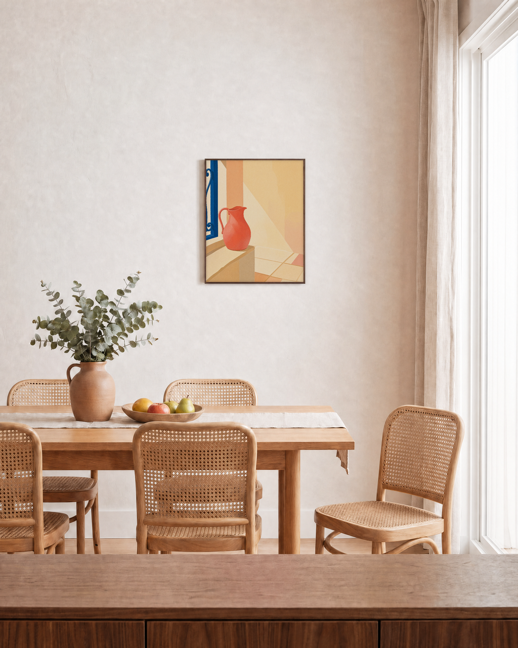 One Pitcher Window Seat unframed print is shown framed for styling in a dining room; frame not included