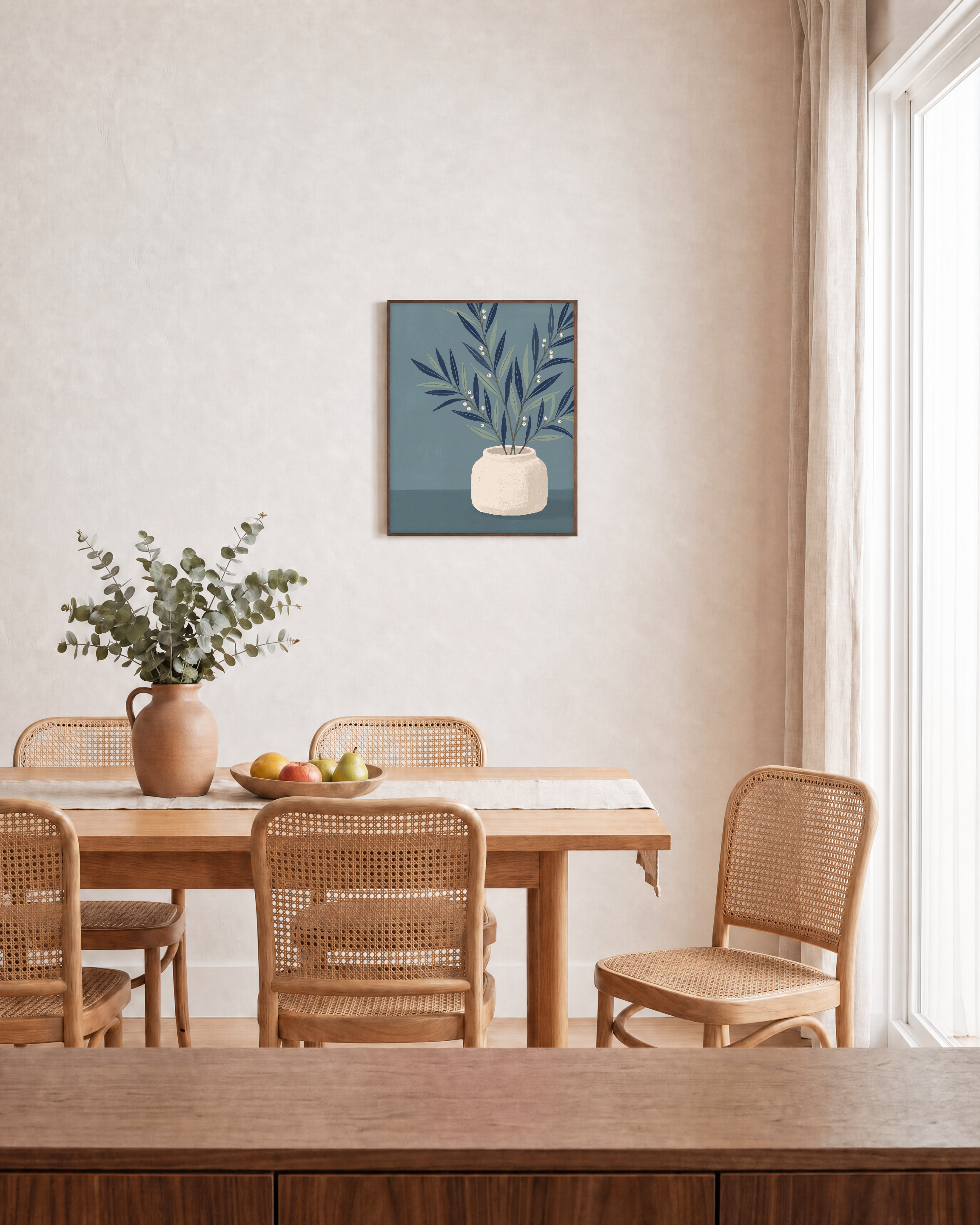 Slate Branch Vessel unframed print is shown framed for styling in a dining room; frame not included