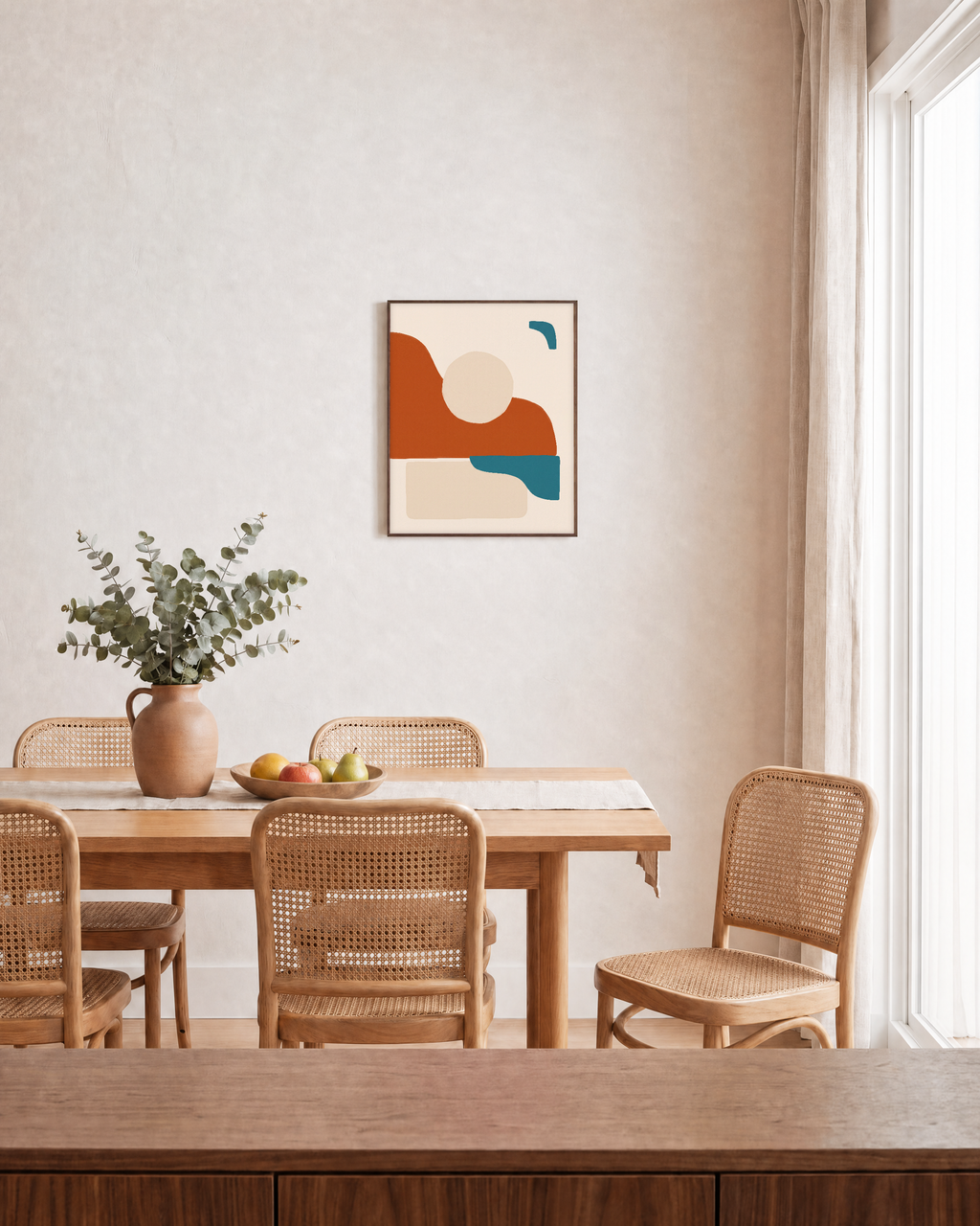 Horizon Sun unframed print is shown framed for styling in a dining room; frame not included