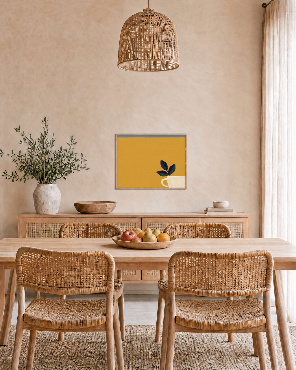 Mustard Leaf Pot Studio edition unframed print is shown framed for styling in a dining room; Frame not included
