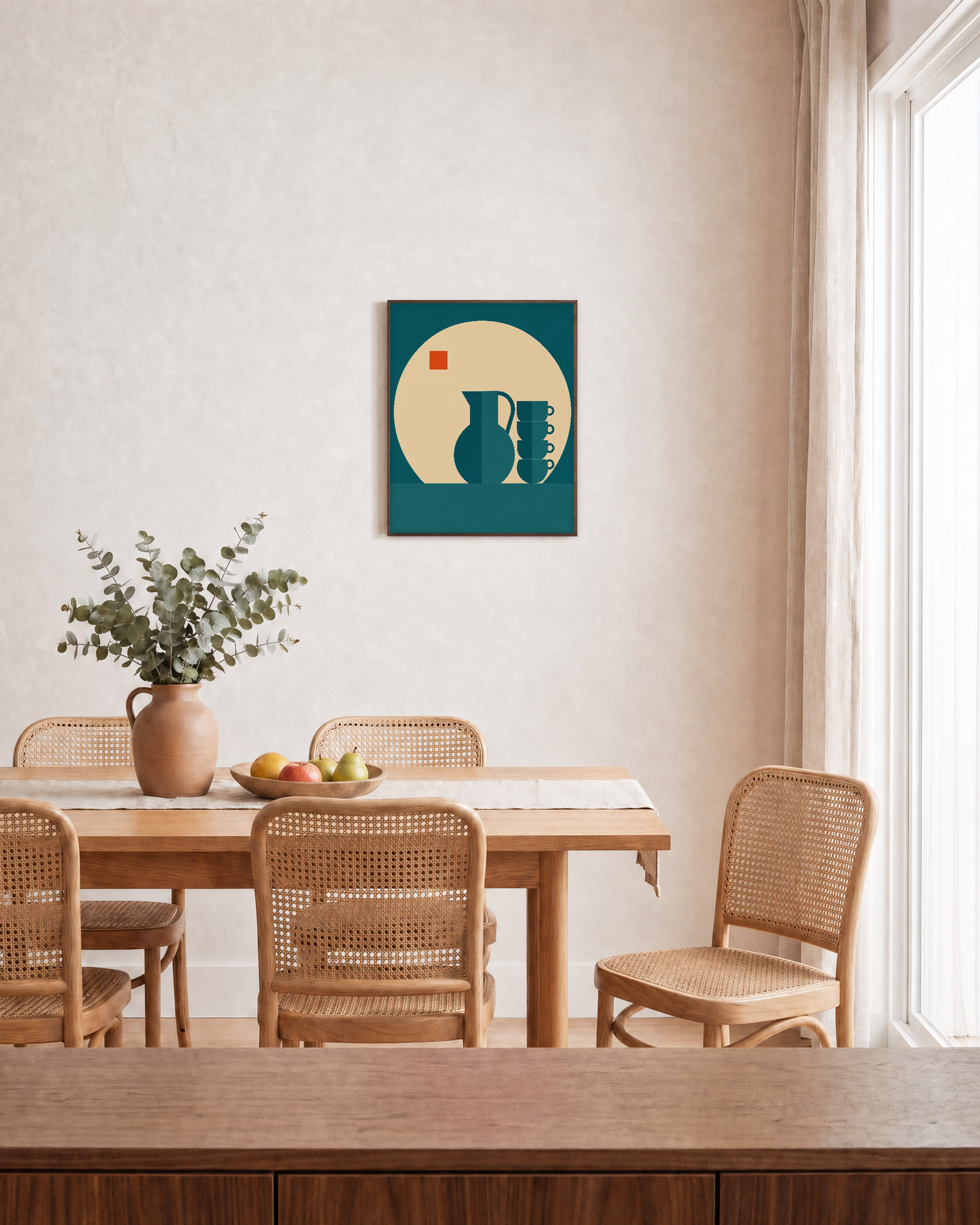 Bauhaus Grid Vessel Remap unframed print is shown framed for styling in a dining room; frame not included