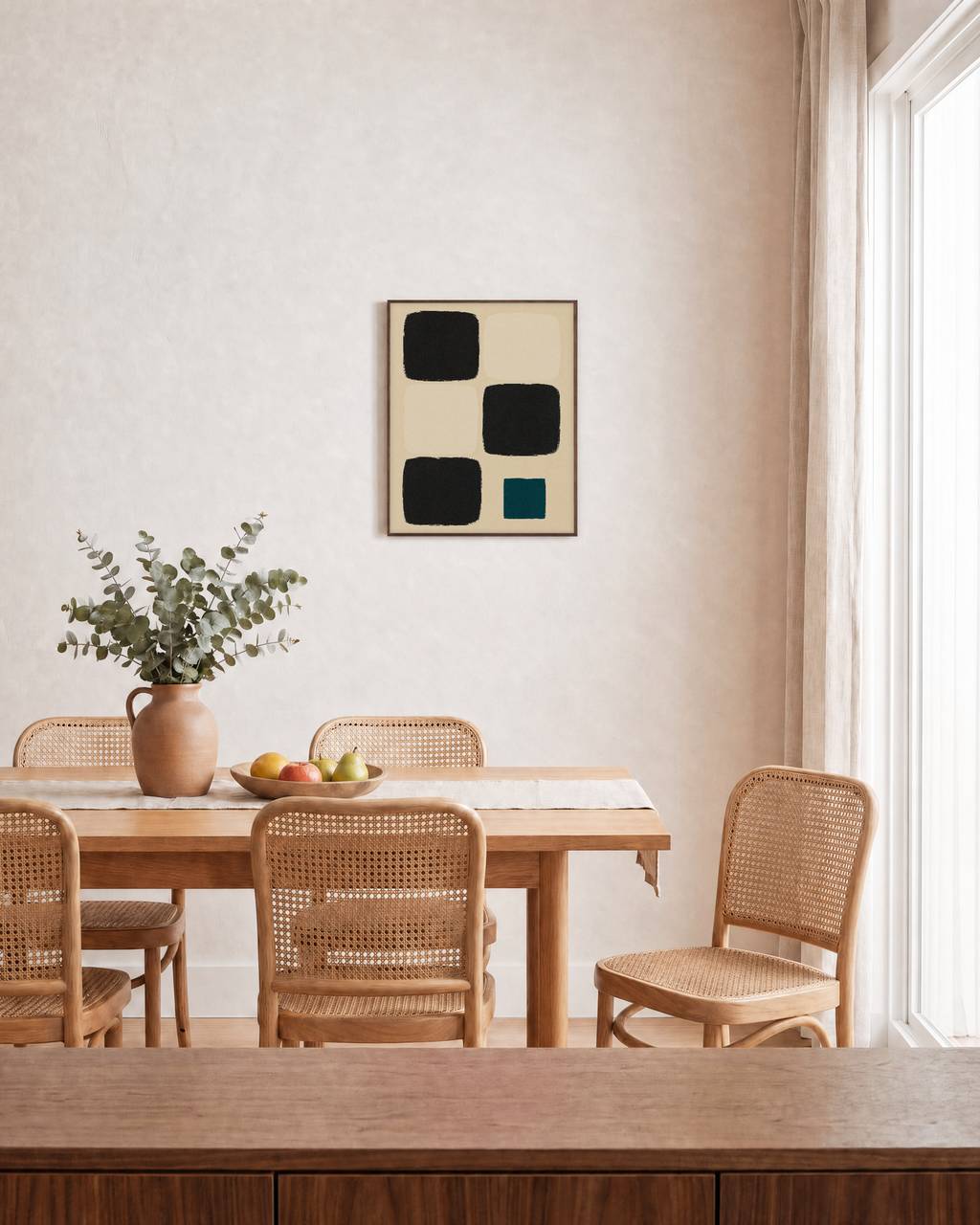 Fifth Check teal check wall art: unframed print is shown framed for styling in a dining room; frame not included