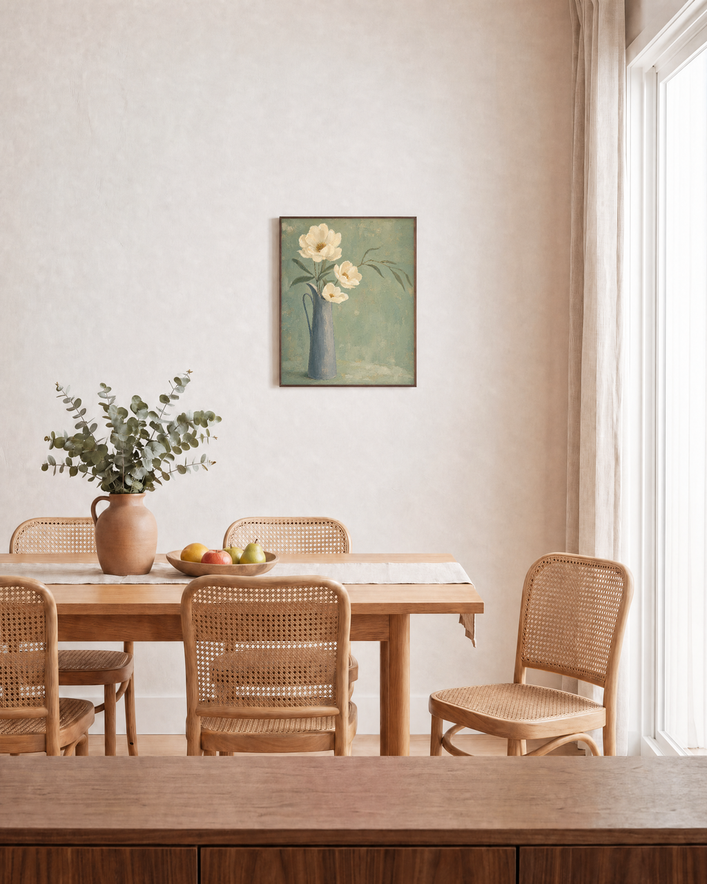 Ivory Pitcher Blooms Press edition unframed print is shown framed for styling in a dining room; Frame not included