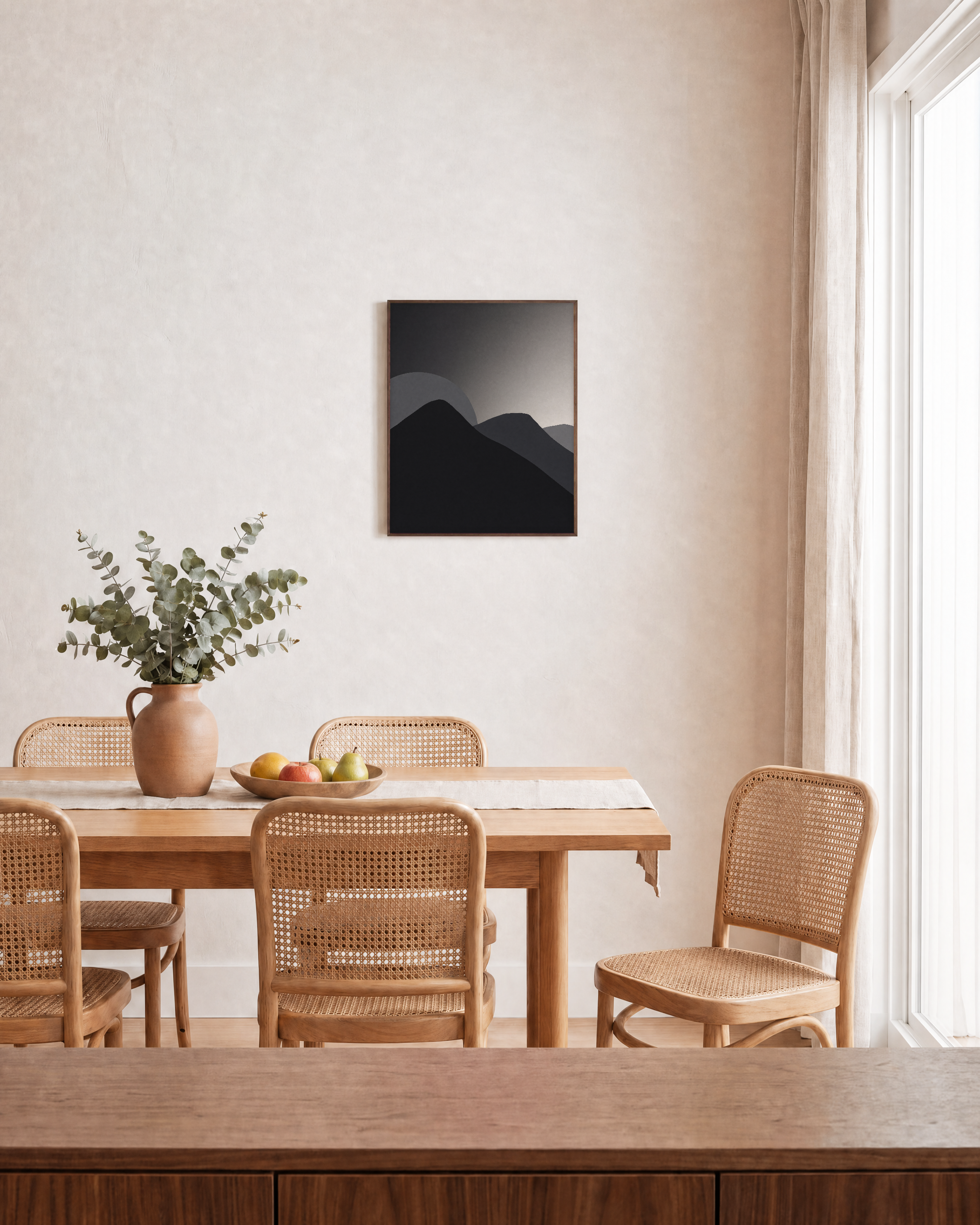 Charcoal Ridges unframed print is shown framed for styling in a dining room; frame not included