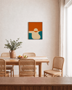 Central Circle and Orange Ground circle and line composition wall art print: unframed print is shown framed for styling in a dining room; frame not included
