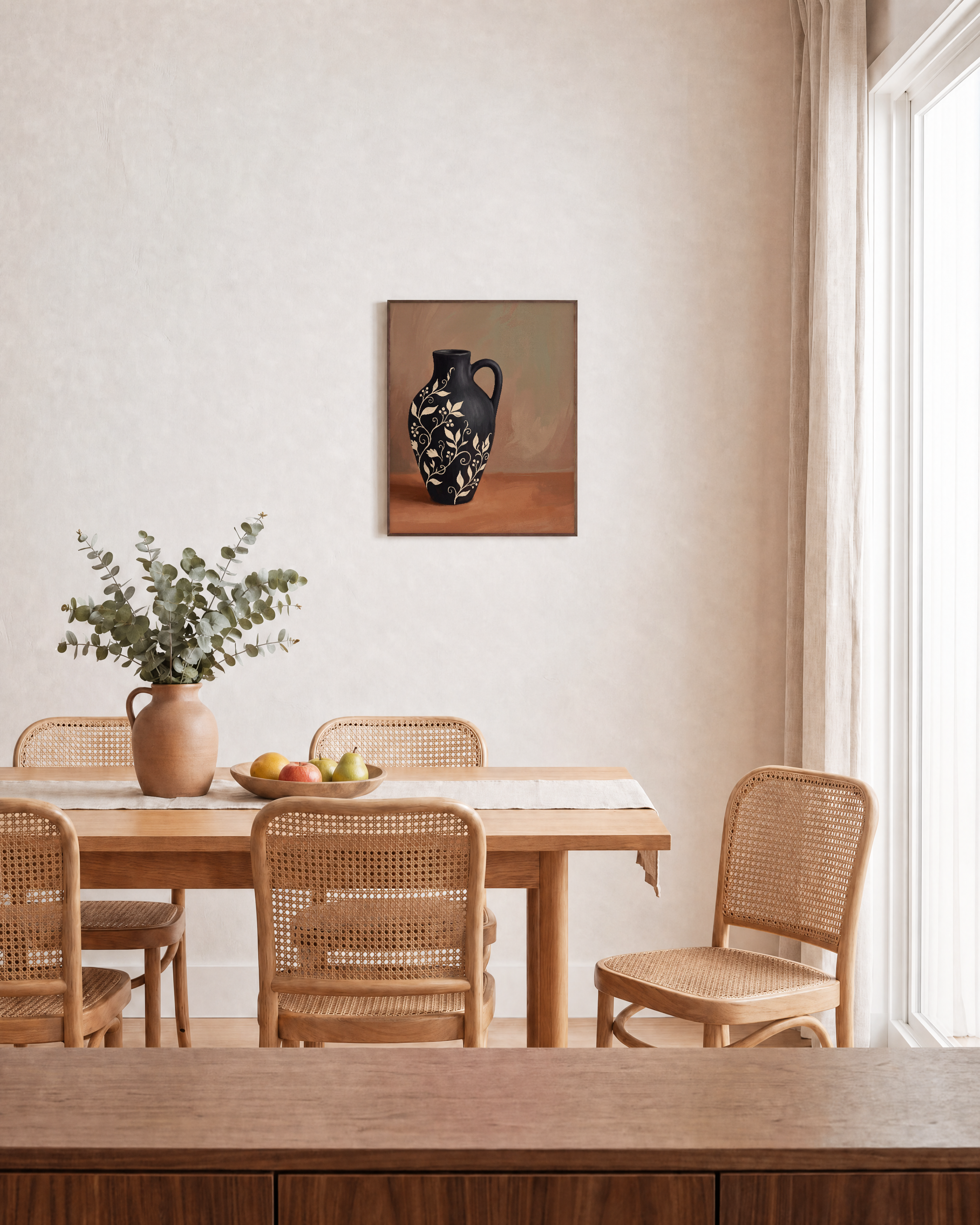 Black Amphora Motif unframed print is shown framed for styling in a dining room; frame not included