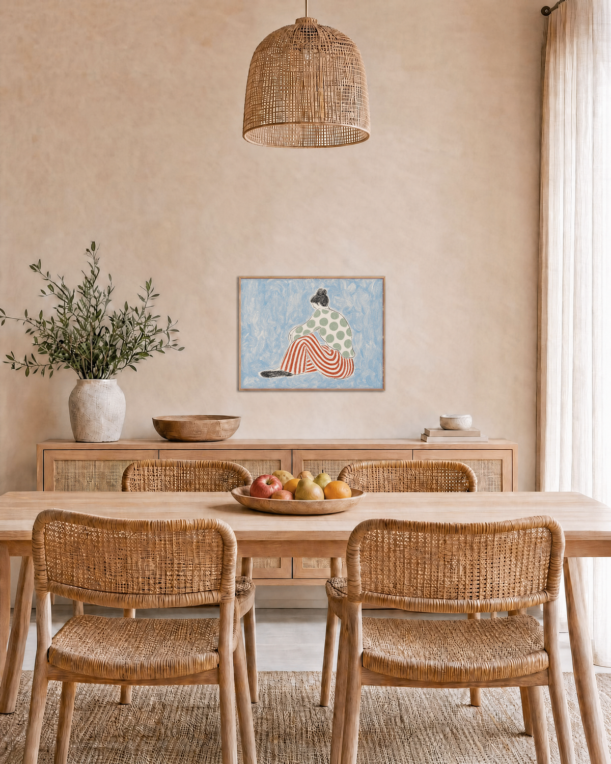 Patterned Side-View Person fashion figure wall art print: unframed print is shown framed for styling in a dining room; frame not included