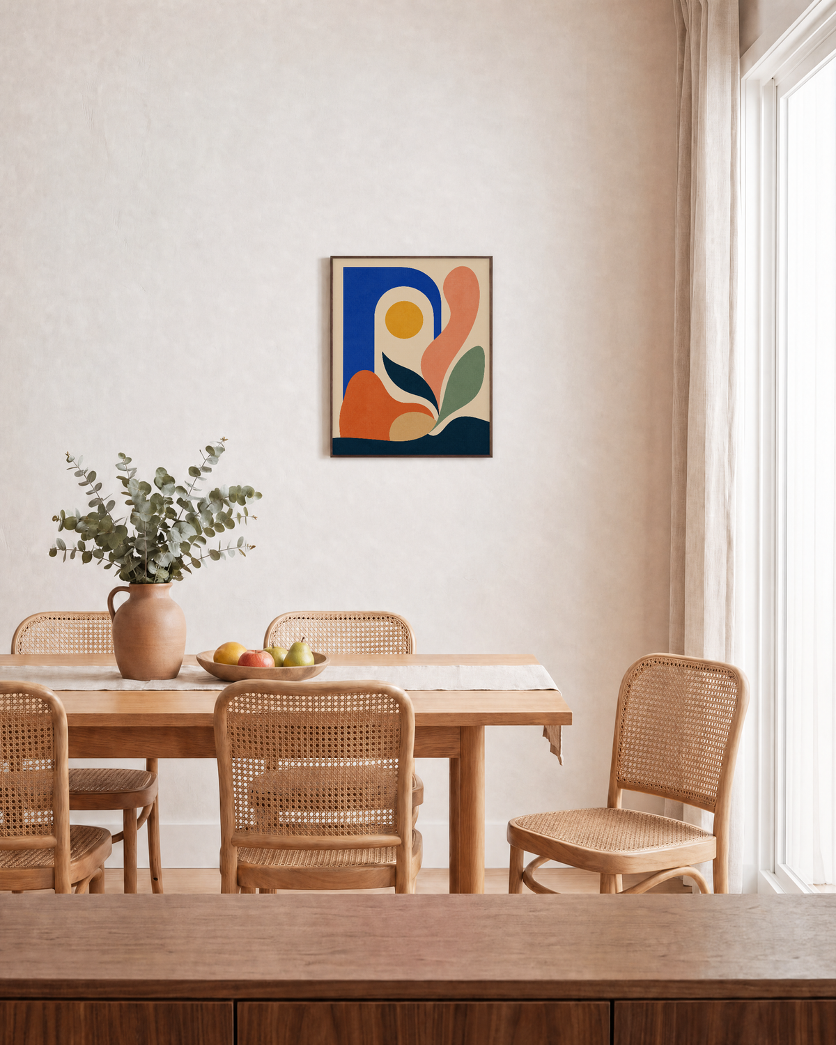 Sunleaf Arch leaf prints wall art: unframed print is shown framed for styling in a dining room; frame not included