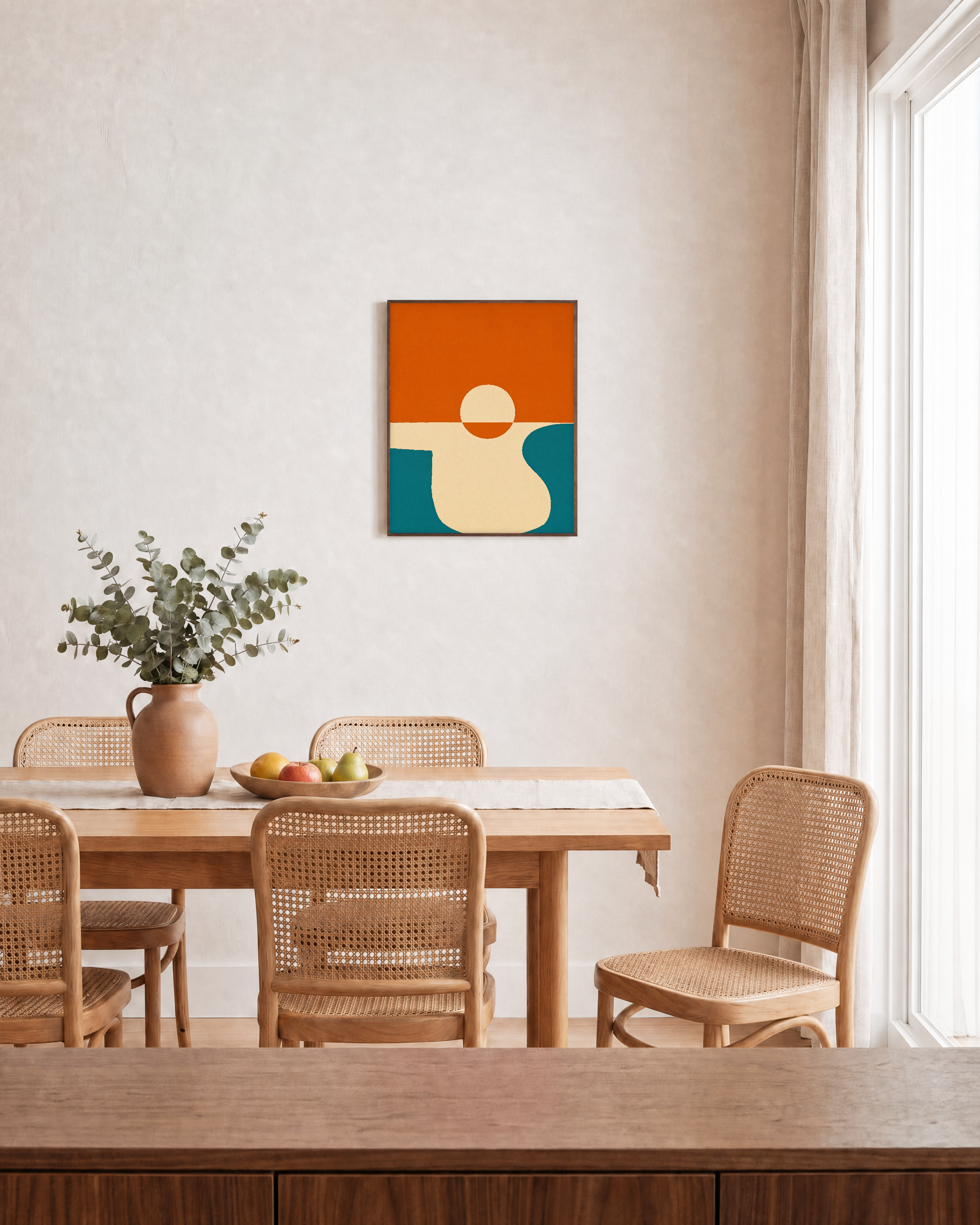 Horizon Sun unframed print is shown framed for styling in a dining room; frame not included