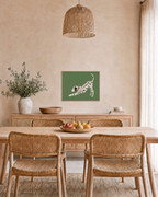 Morning Dalmatian dalmatian wall art: unframed print is shown framed for styling in a dining room; frame not included