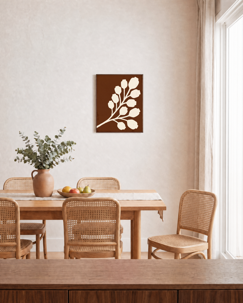 Cream Bloom Brown unframed print is shown framed for styling in a dining room; frame not included