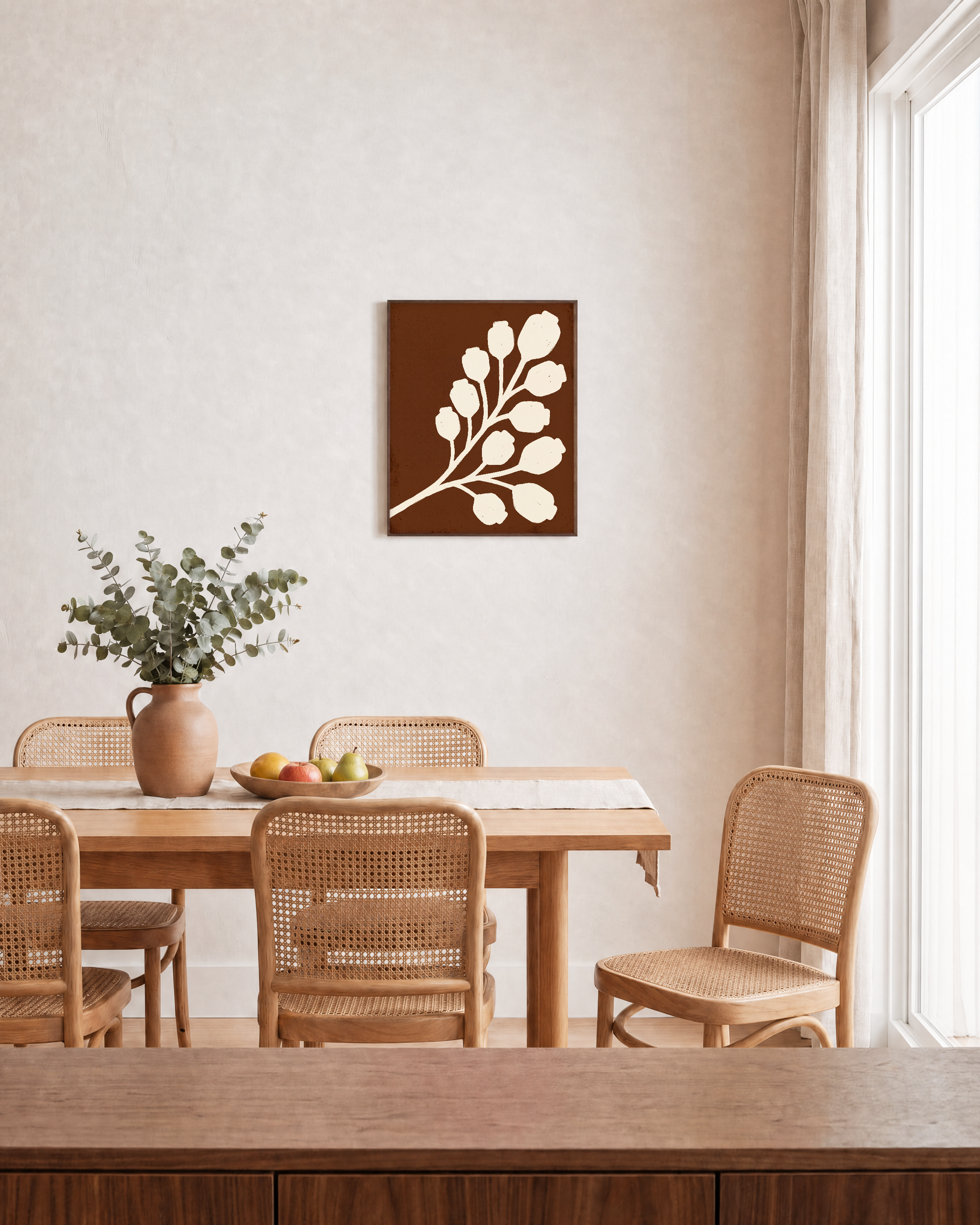Cream Bloom Brown unframed print is shown framed for styling in a dining room; frame not included