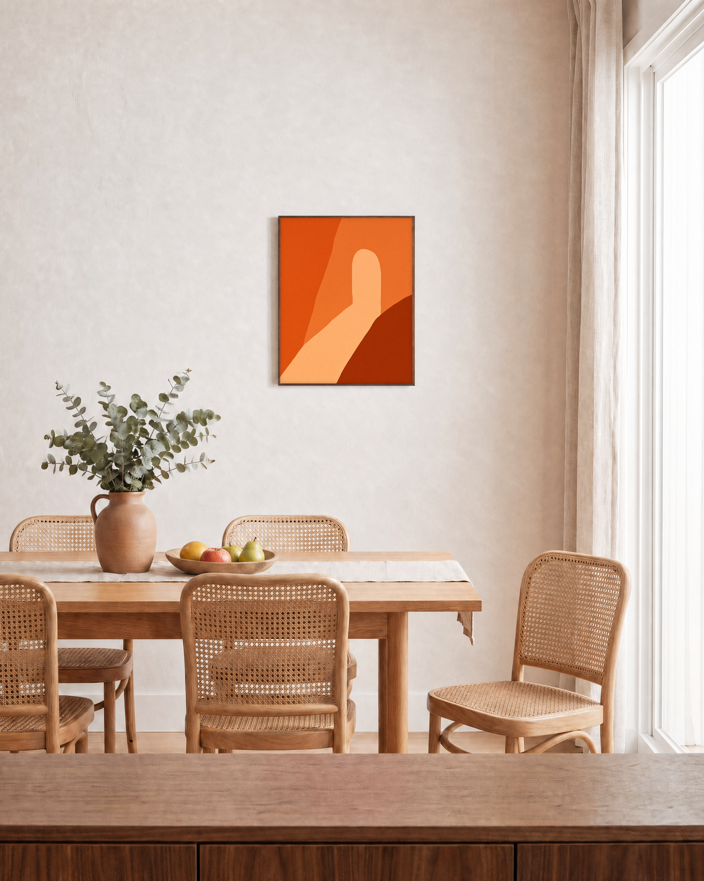 Terracotta Arch unframed print is shown framed for styling in a dining room; frame not included