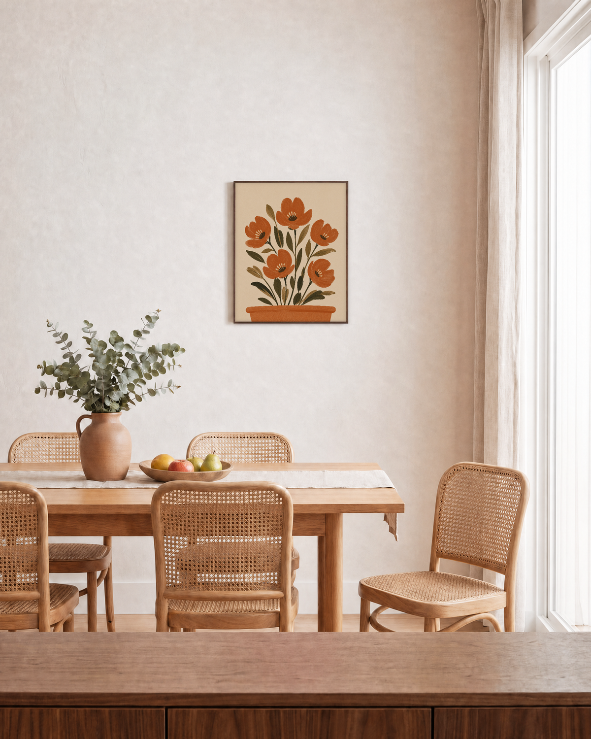 Morning Florets terracotta pot flower wall art: unframed print is shown framed for styling in a dining room; frame not included