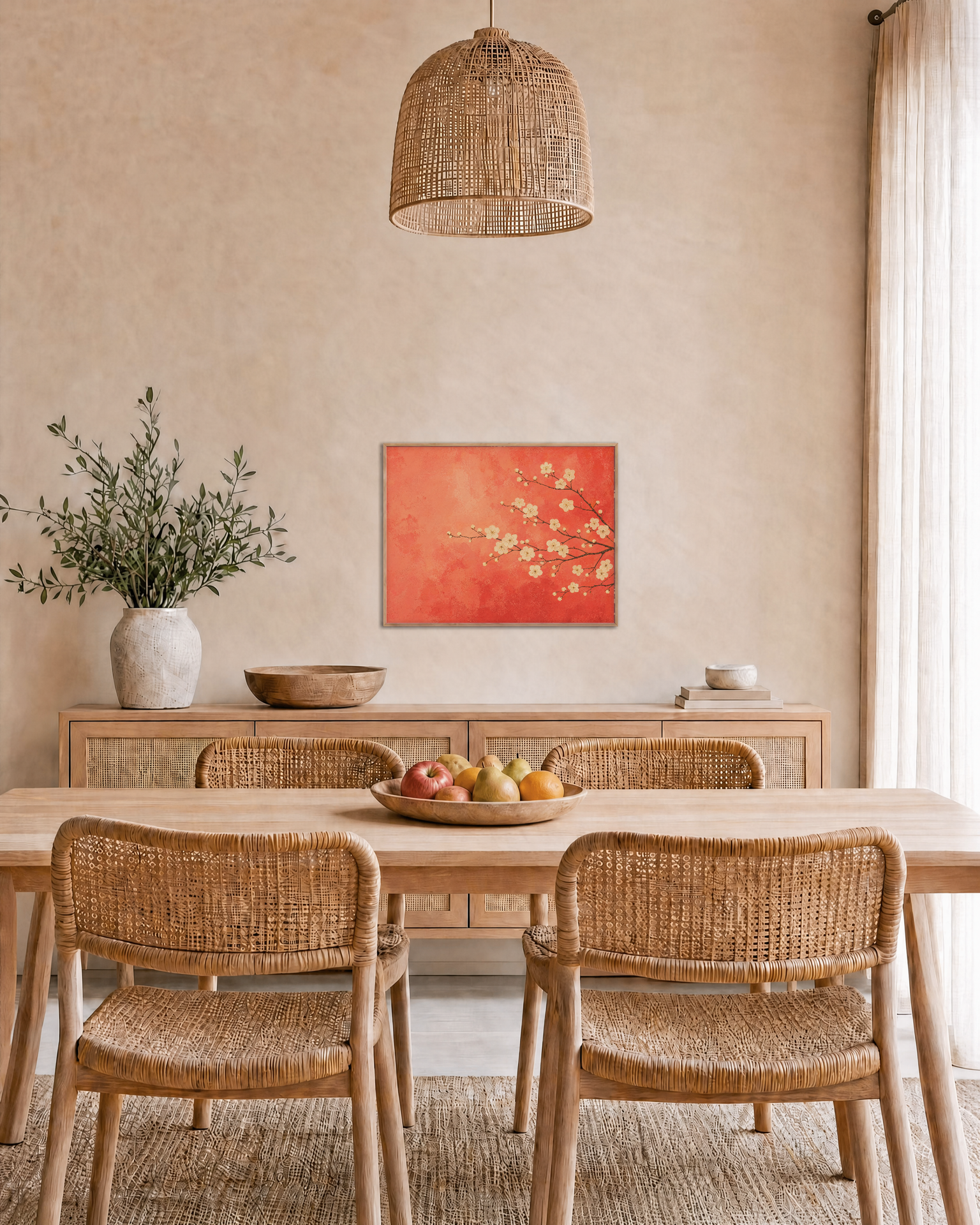 Plum Blossoms From Right unframed print is shown framed for styling in a dining room; frame not included