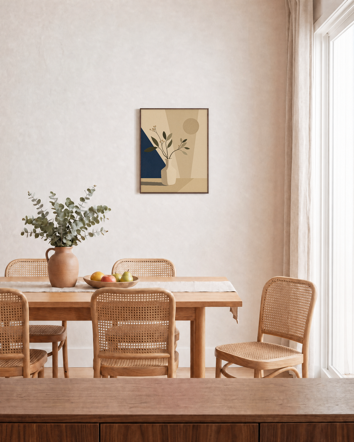 Shadow Wedge navy plane vase wall art: unframed print is shown framed for styling in a dining room; frame not included