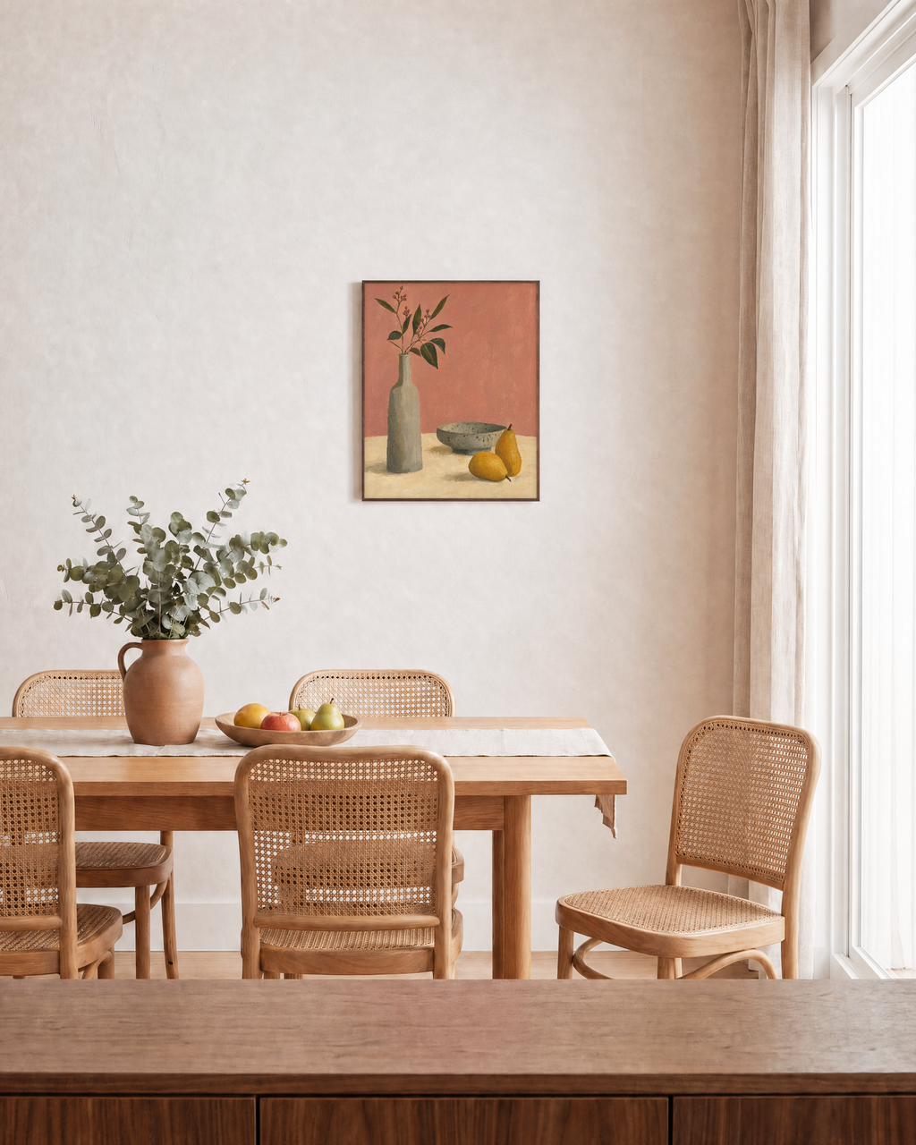 Pitcher and Lemon Press edition unframed print is shown framed for styling in a dining room; Frame not included