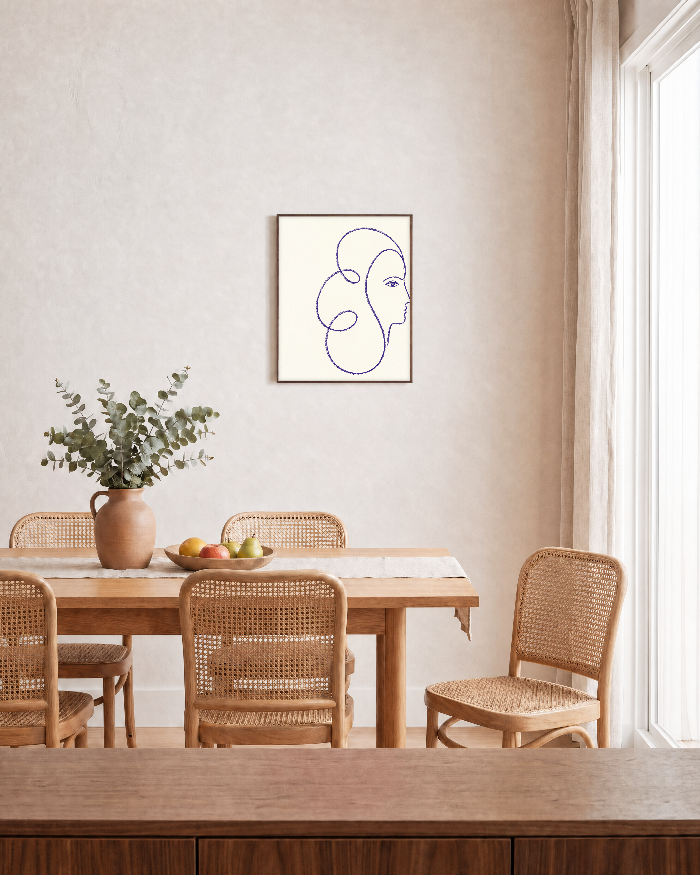 Indigo Profile Line unframed print is shown framed for styling in a dining room; frame not included