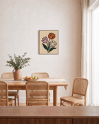 Three Tulips On Cream unframed print is shown framed for styling in a dining room; frame not included