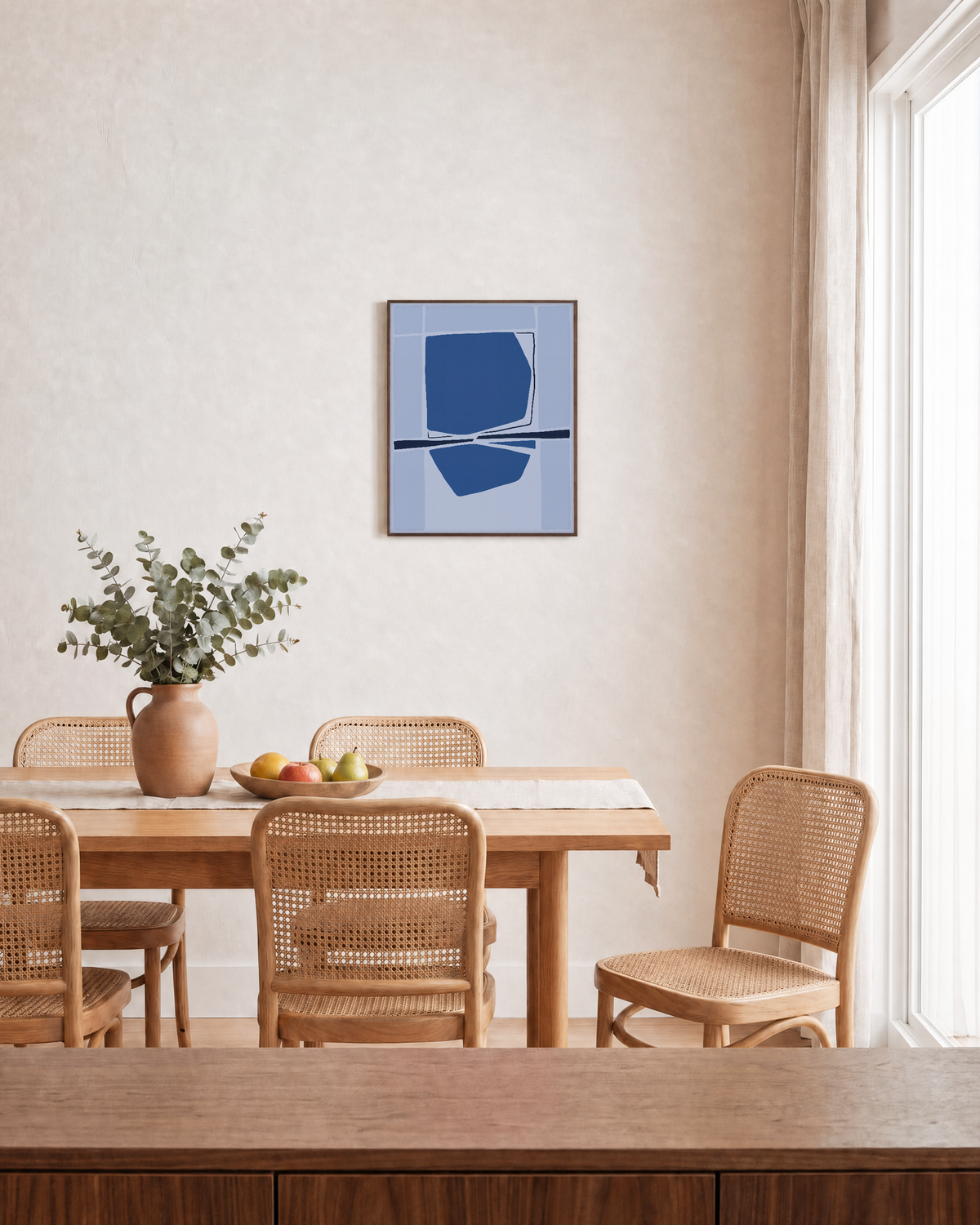 Twin Tide navy blue geometric wall art: unframed print is shown framed for styling in a dining room; frame not included