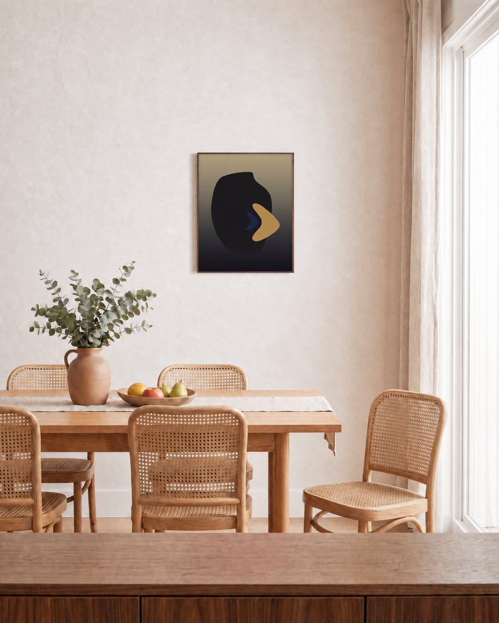 Dark Vessel unframed print is shown framed for styling in a dining room; frame not included
