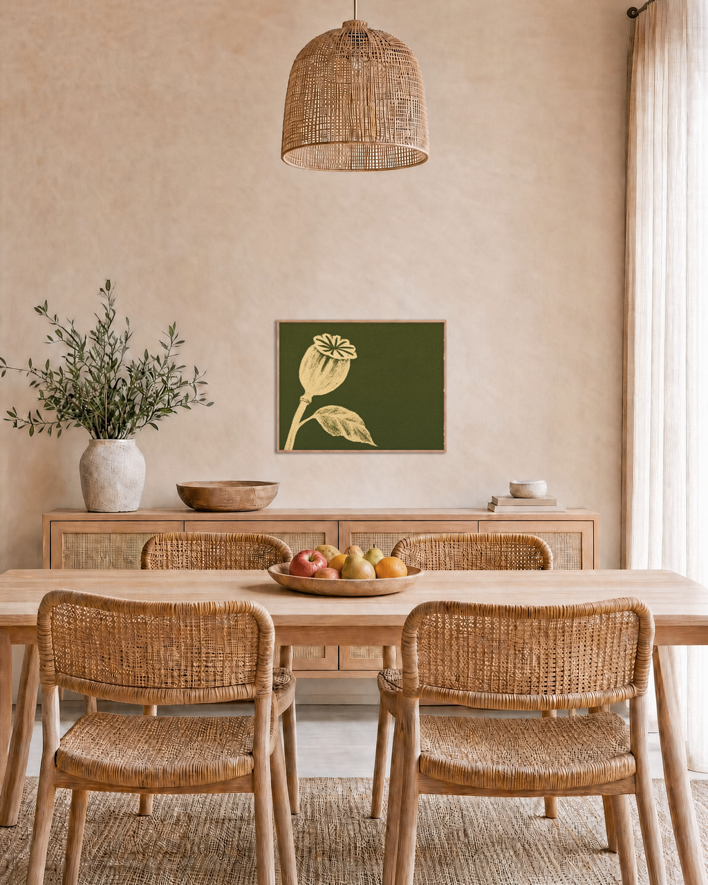 Ivory Bloom Forest unframed print is shown framed for styling in a dining room; frame not included