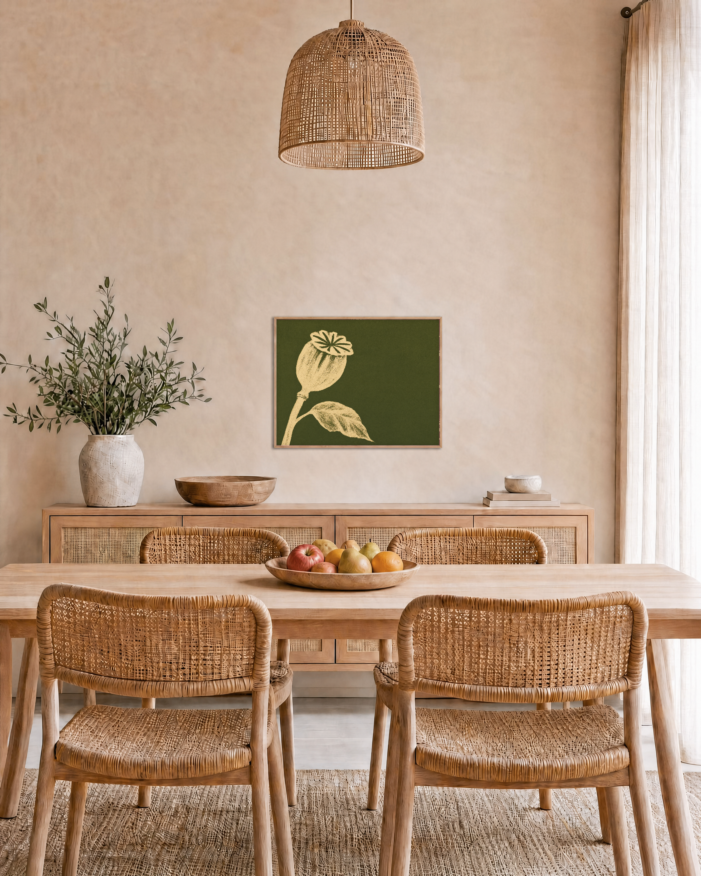 Ivory Bloom Forest unframed print is shown framed for styling in a dining room; frame not included