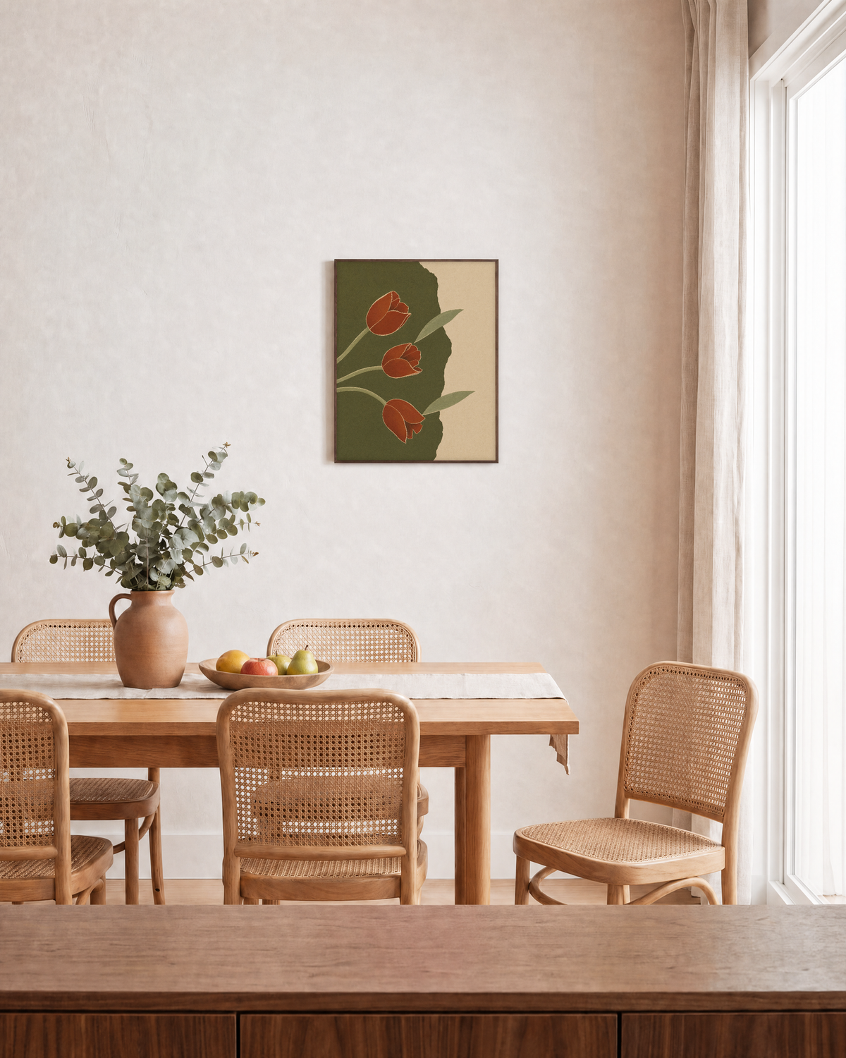 Tulips Break Olive Slab unframed print is shown framed for styling in a dining room; frame not included
