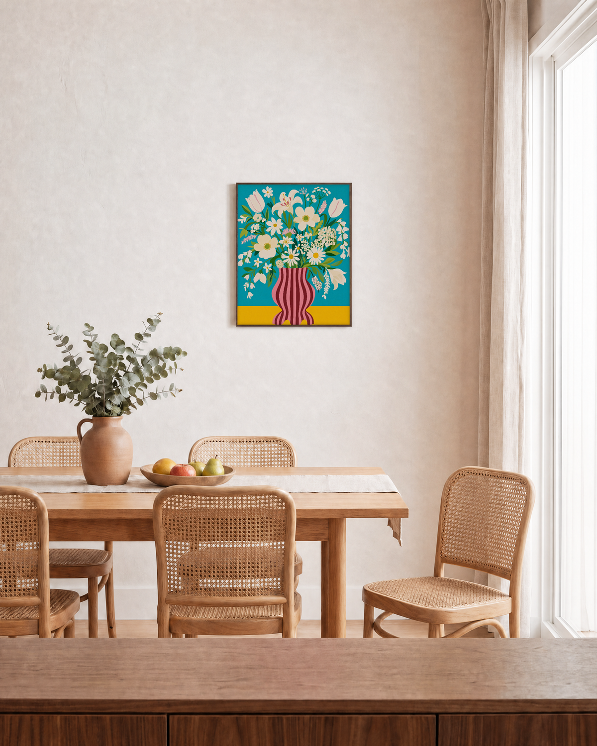 Morning Blooms white bloom pink vase wall art: unframed print is shown framed for styling in a dining room; frame not included