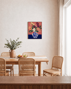 Saturday Flowers peach flower wall art print: unframed print is shown framed for styling in a dining room; frame not included
