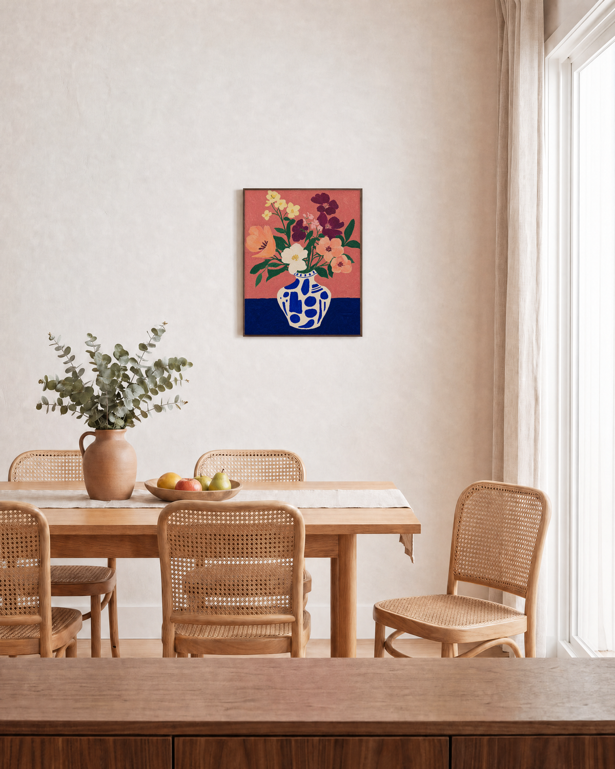 Saturday Flowers peach flower wall art print: unframed print is shown framed for styling in a dining room; frame not included