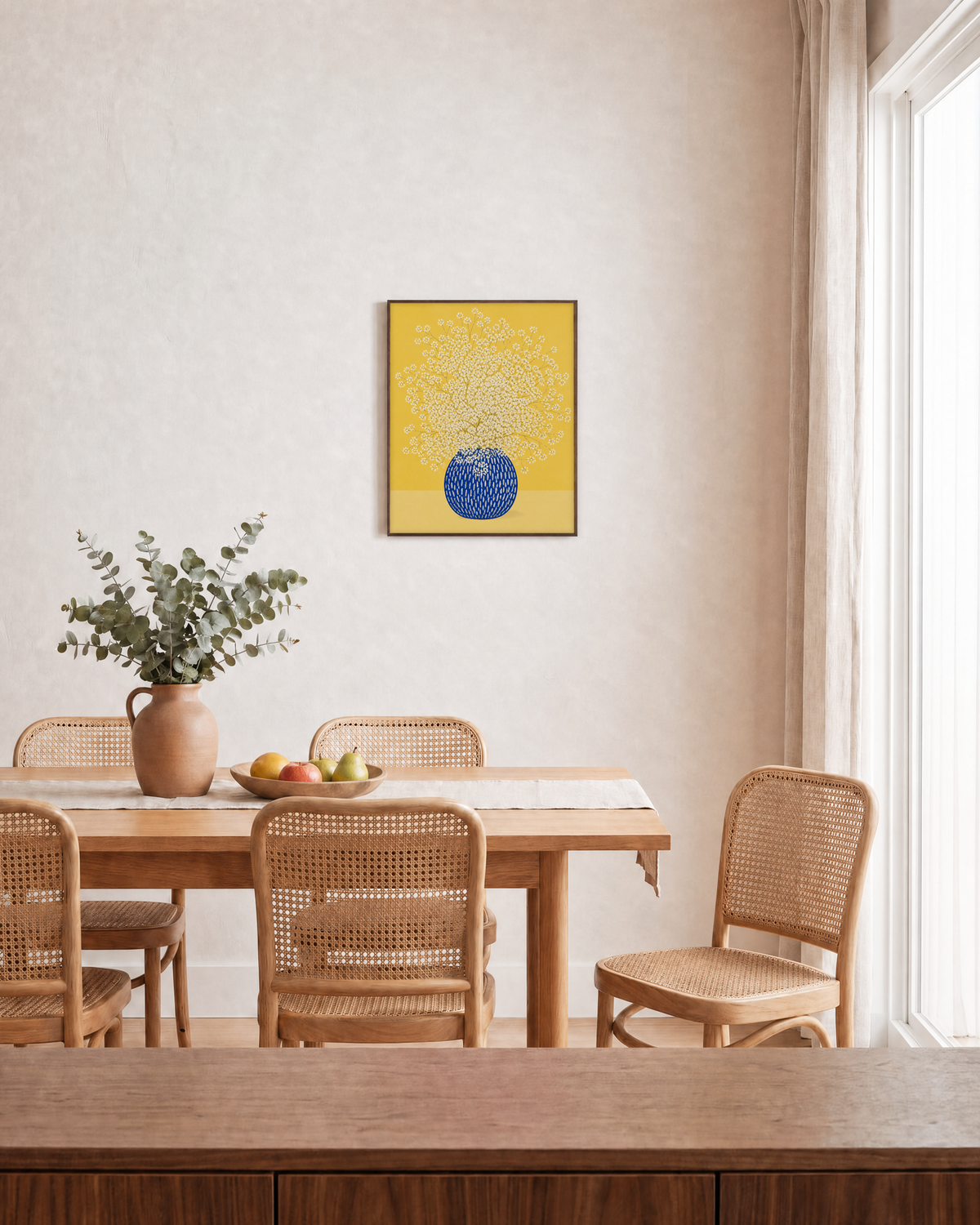 Baby's Breath flower prints: unframed print is shown framed for styling in a dining room; frame not included