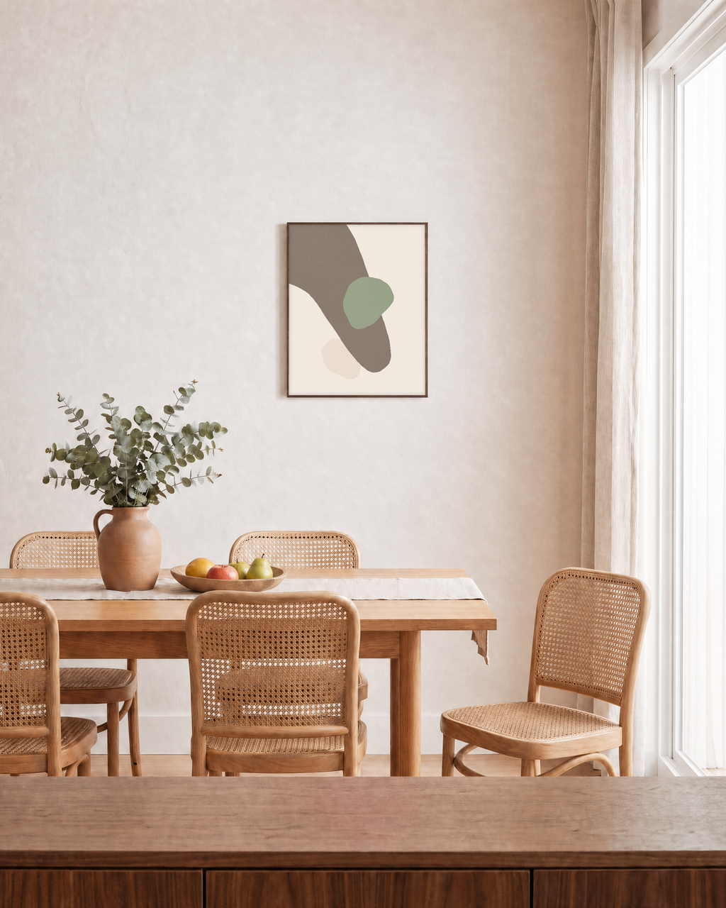 Soft Window unframed print is shown framed for styling in a dining room; frame not included