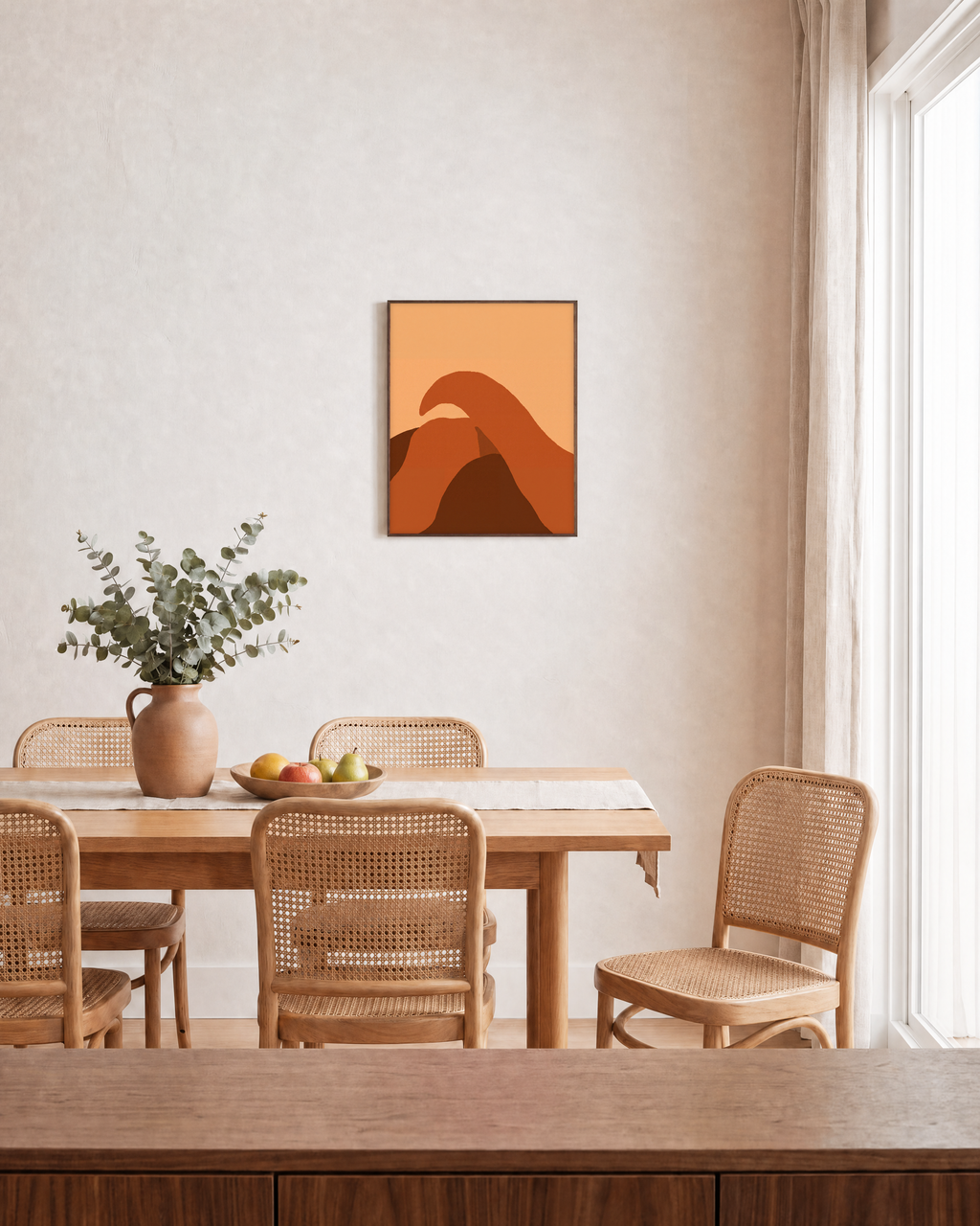 Dune Sweep unframed print is shown framed for styling in a dining room; frame not included
