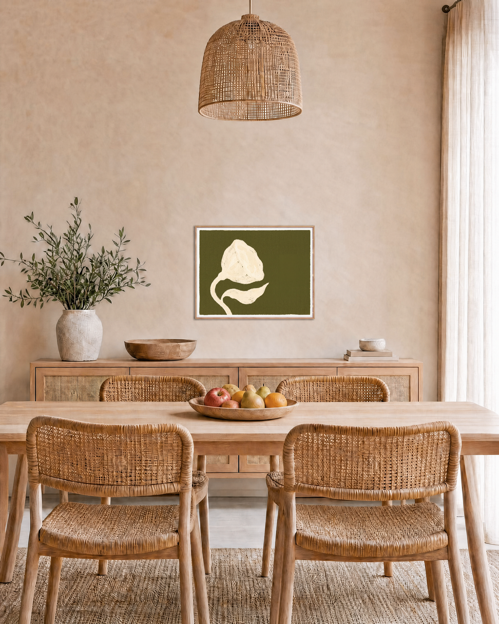 Ivory Bloom Forest unframed print is shown framed for styling in a dining room; frame not included