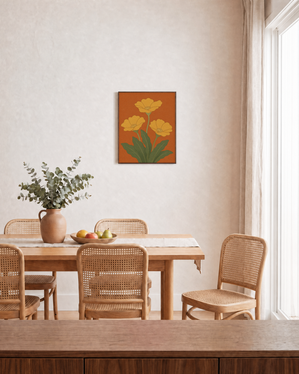 Morning Blooms yellow flower wall art: unframed print is shown framed for styling in a dining room; frame not included