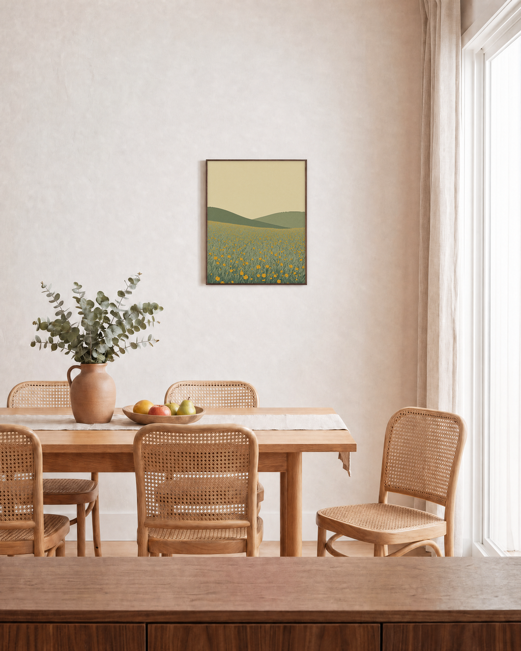 Wildflower Hour wall art wildflowers print: unframed print is shown framed for styling in a dining room; frame not included
