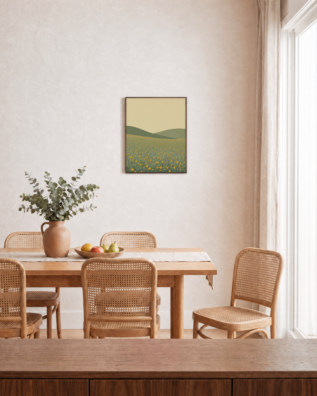 Wildflower Hour wall art wildflowers print: unframed print is shown framed for styling in a dining room; frame not included
