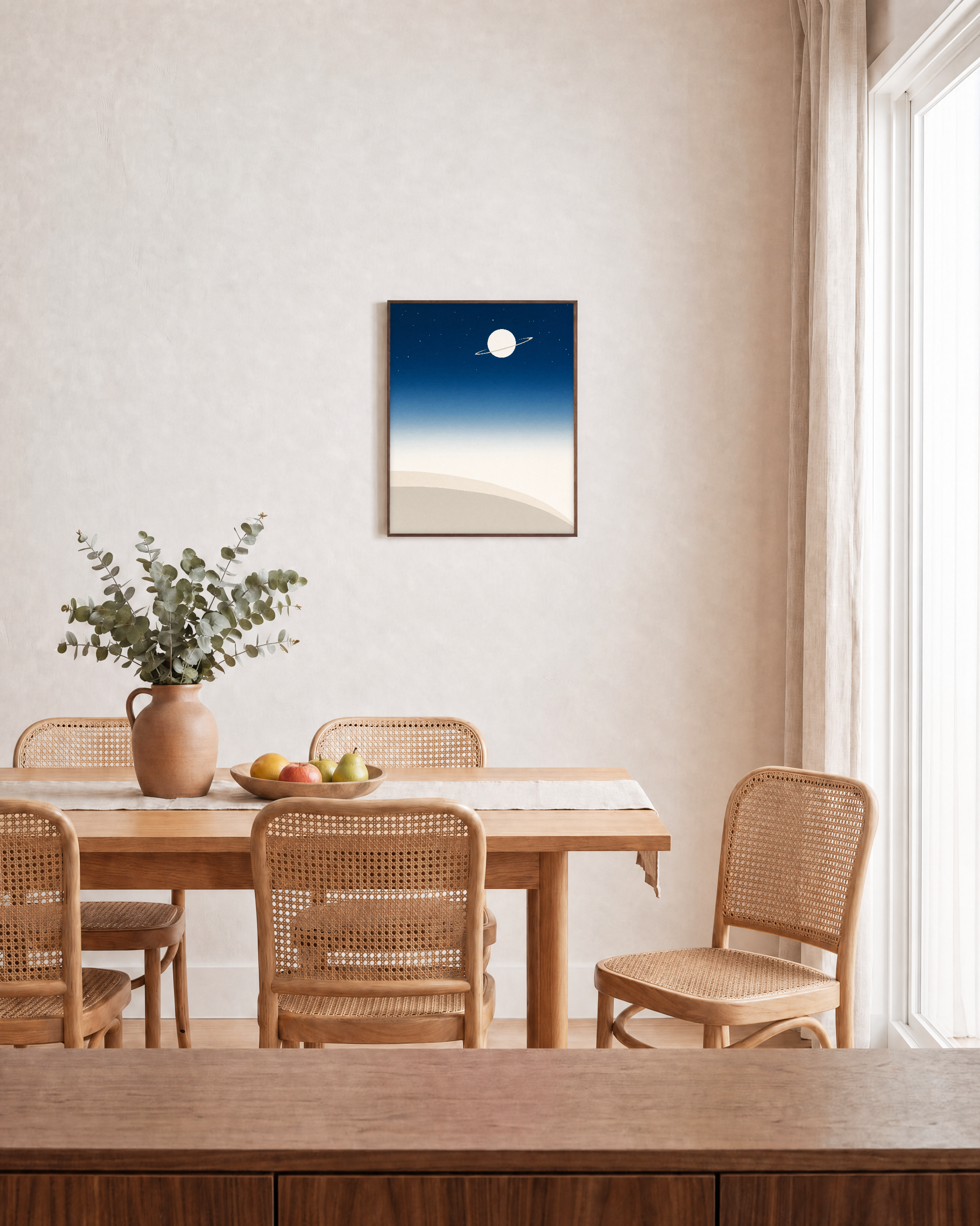 Night Horizon unframed print is shown framed for styling in a dining room; frame not included
