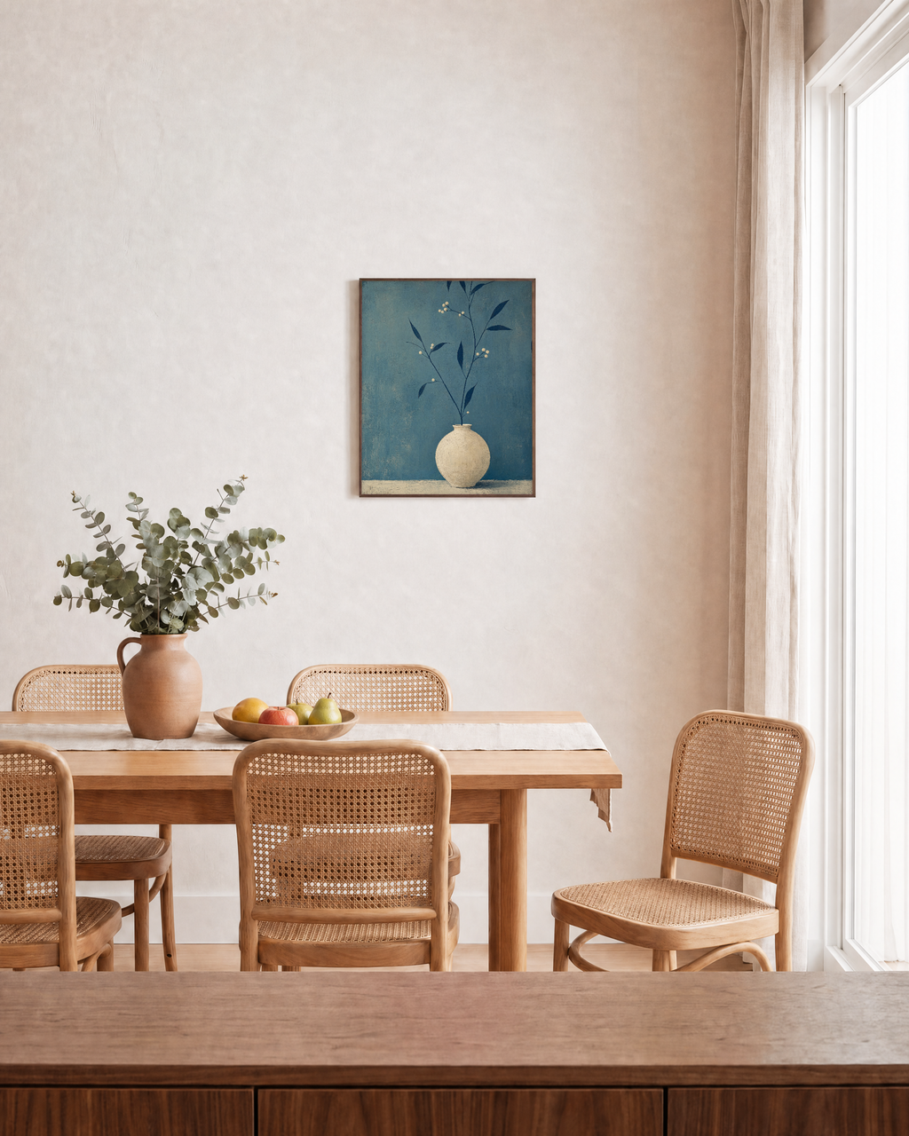 Slate Branch Vessel unframed print is shown framed for styling in a dining room; frame not included