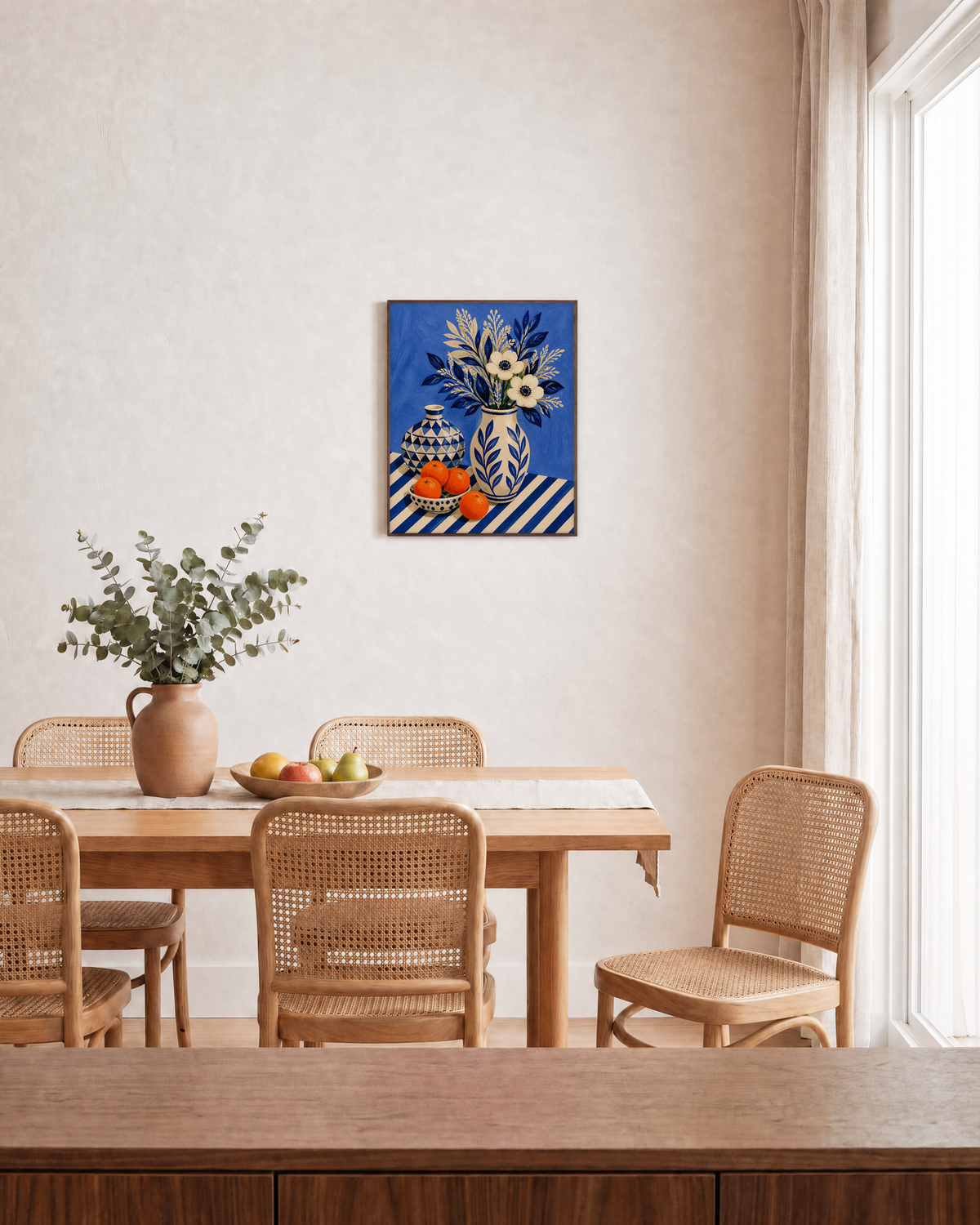 Morning Oranges vintage cream floral wall art: unframed print is shown framed for styling in a dining room; frame not included