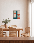 Teal Slab Two Terracotta Caps unframed print is shown framed for styling in a dining room; frame not included
