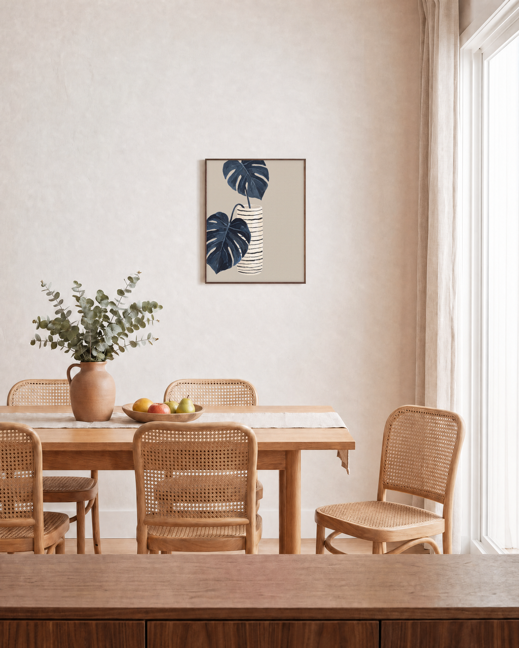 Stripe Pot Leaves Studio edition unframed print is shown framed for styling in a dining room; Frame not included