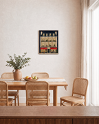 Christmas Bakery bakery house print: unframed print is shown framed for styling in a dining room; frame not included