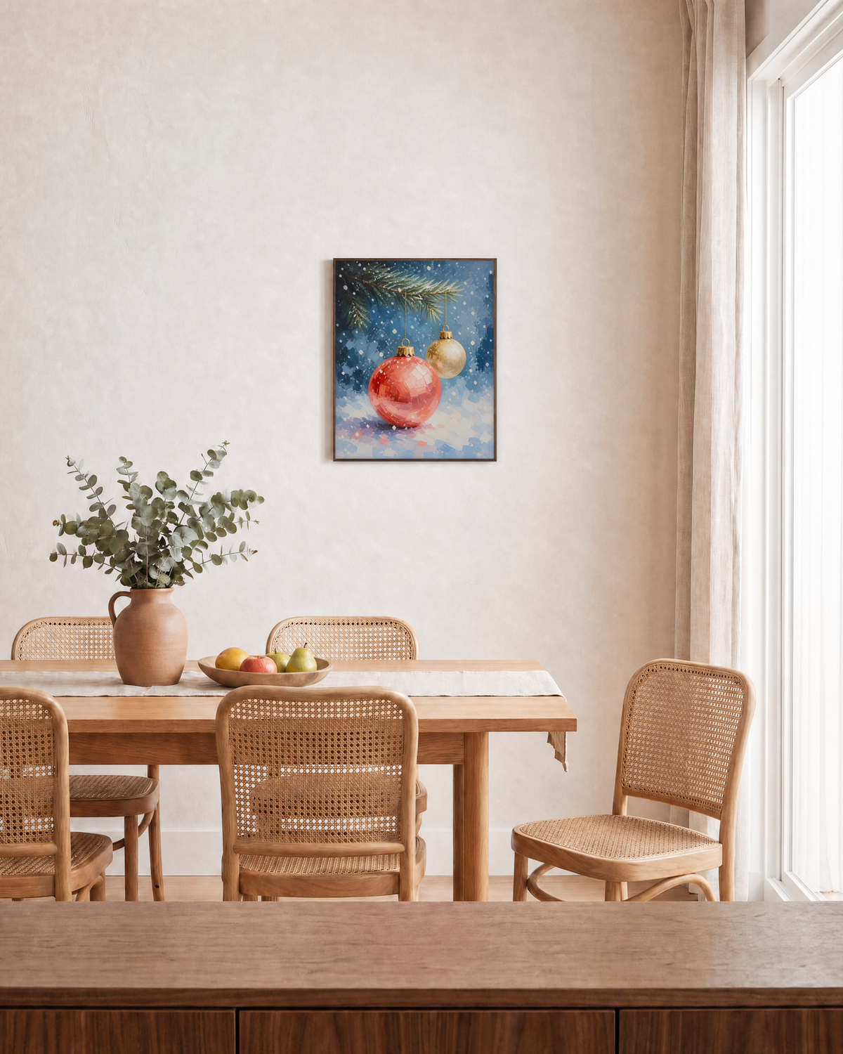 Snowfall Bauble coral bauble print: unframed print is shown framed for styling in a dining room; frame not included