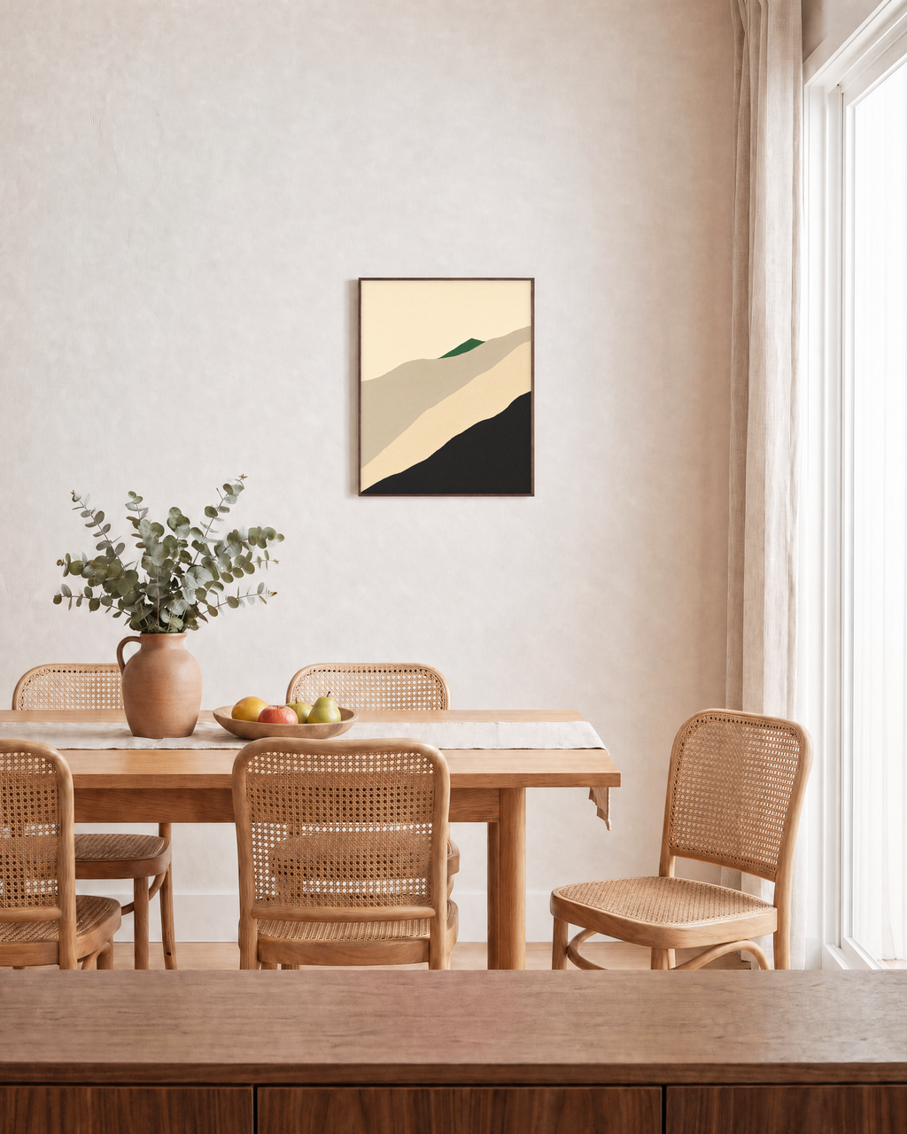 Green Ridge unframed print is shown framed for styling in a dining room; frame not included