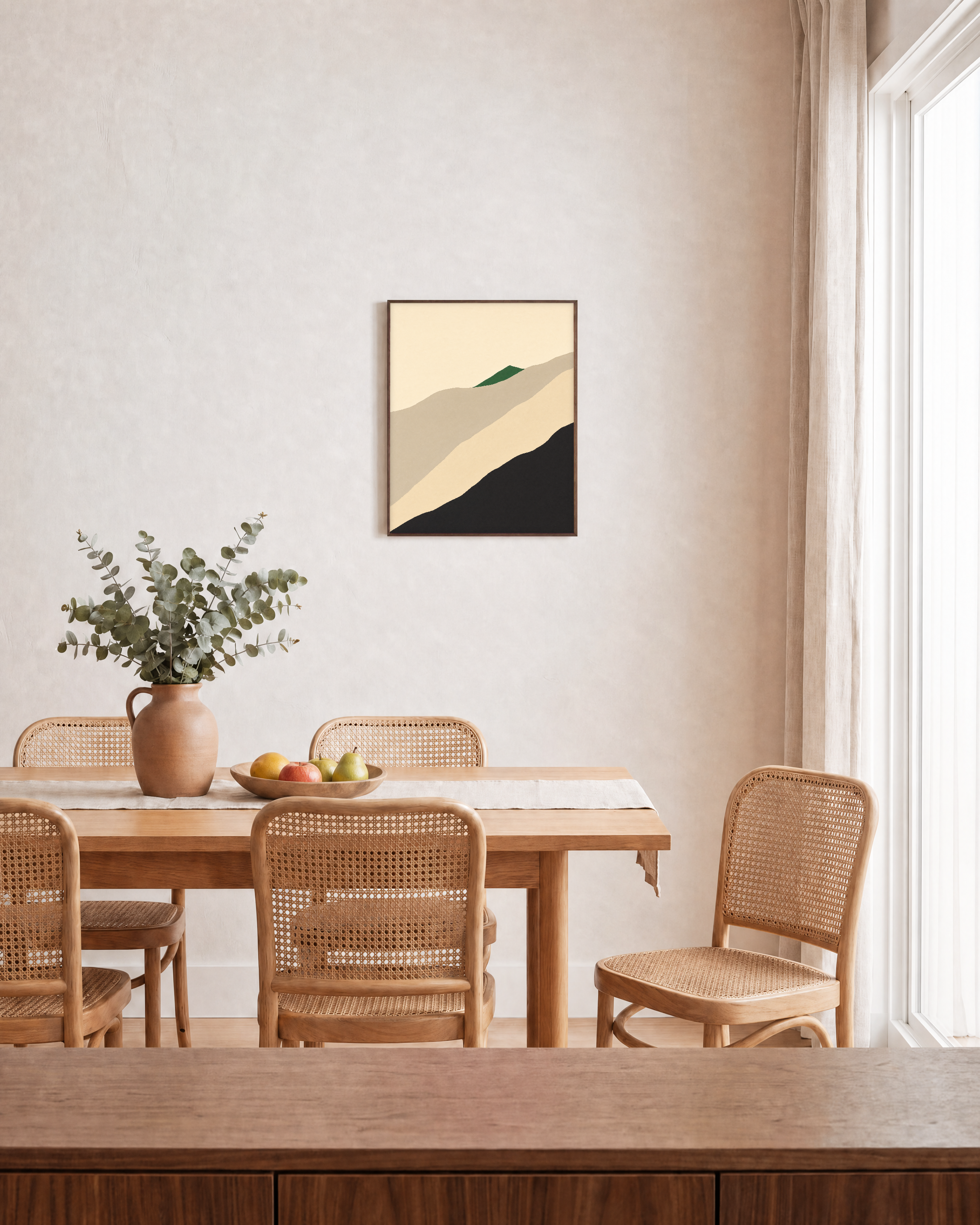 Green Ridge unframed print is shown framed for styling in a dining room; frame not included