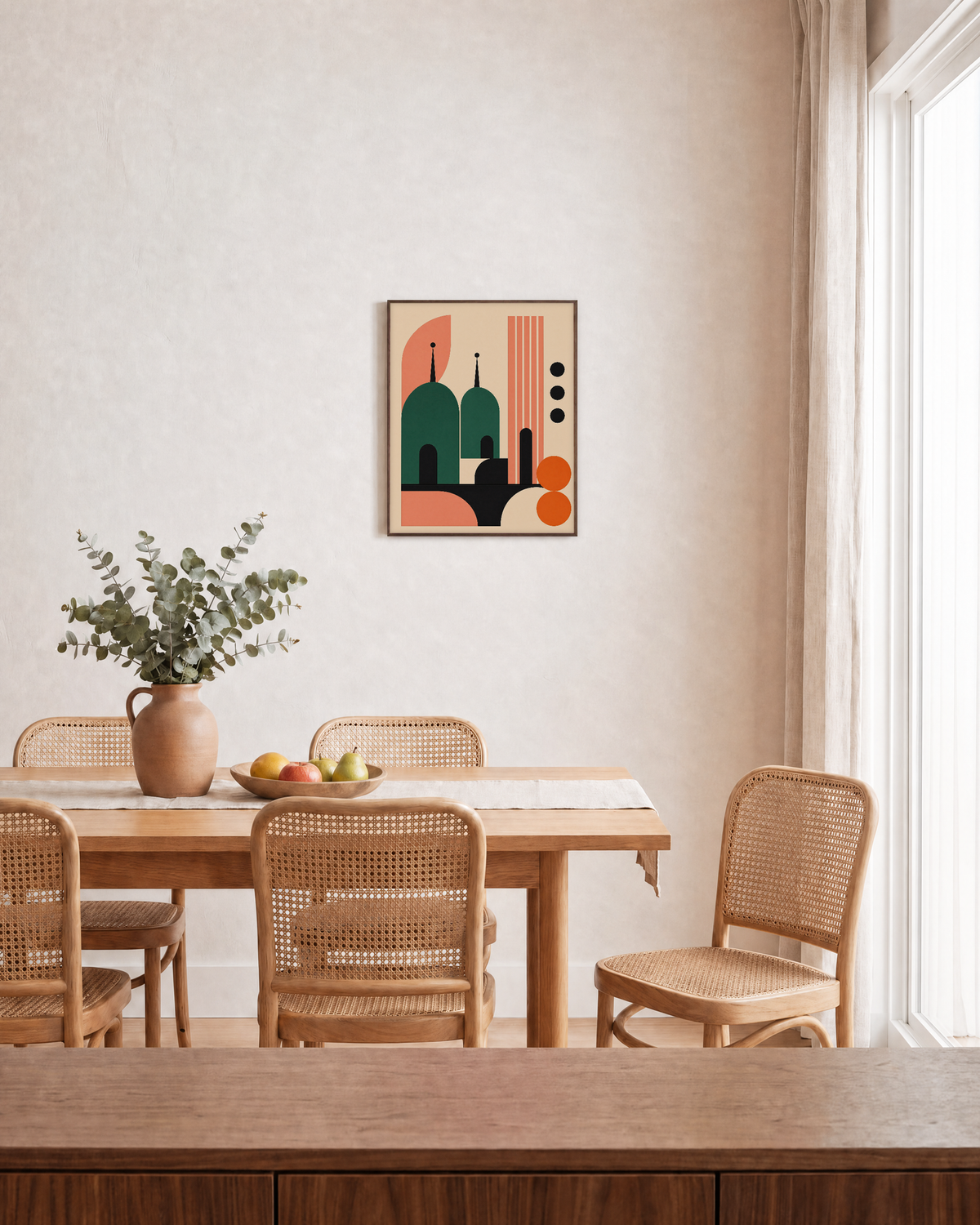 Signal Tower green dome coral tower wall art: unframed print is shown framed for styling in a dining room; frame not included