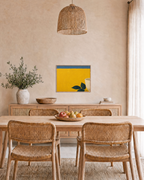Mustard Leaf Pot Press edition unframed print is shown framed for styling in a dining room; Frame not included