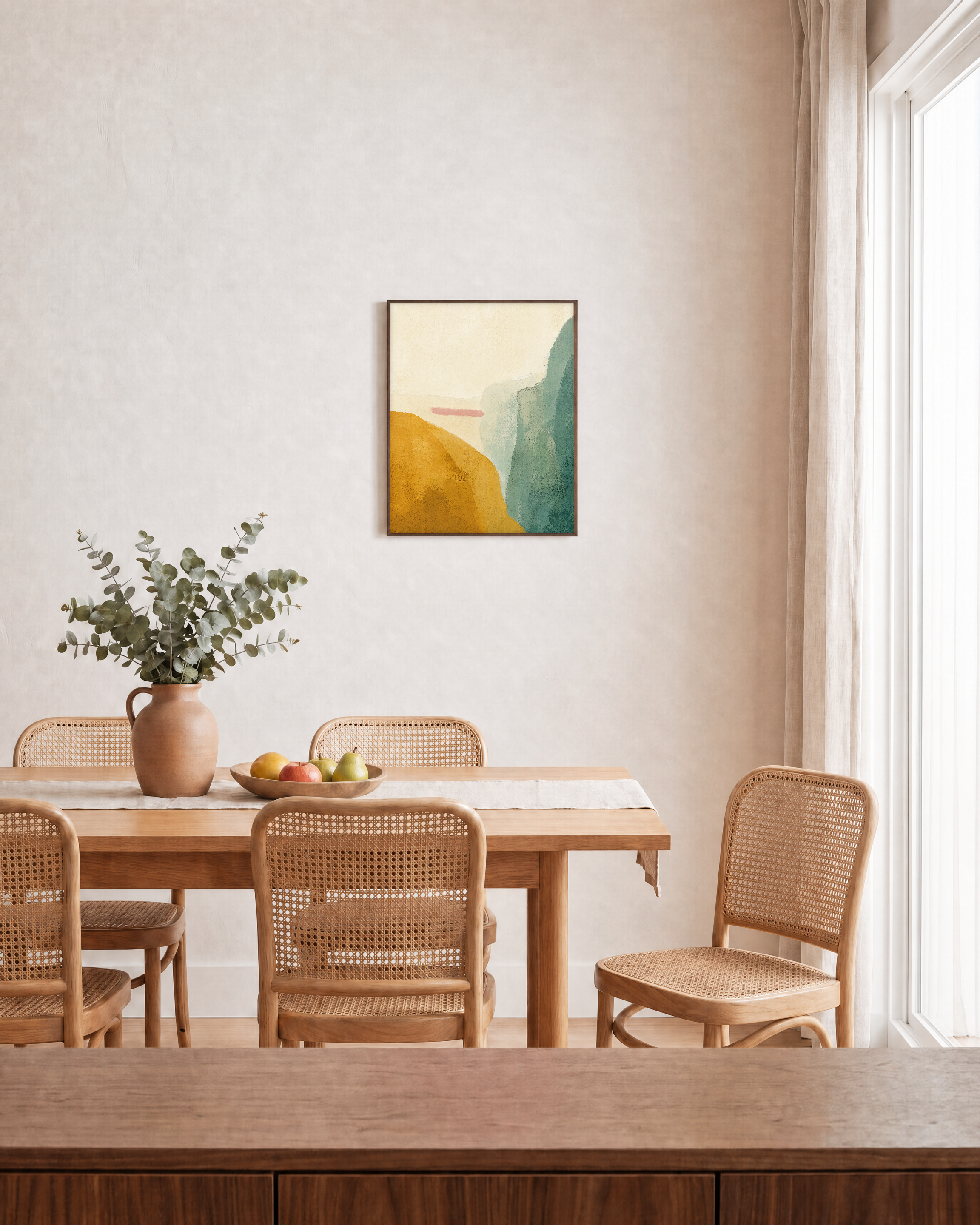 Mustard Hill Fields unframed print is shown framed for styling in a dining room; frame not included